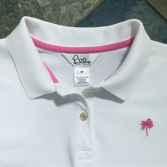 Lilly Pulitzer•M•Vintage White/Hot Pink Polo Shirt•95% Pima Cotton~5% Spandex🌼 - Picture 5 of 9